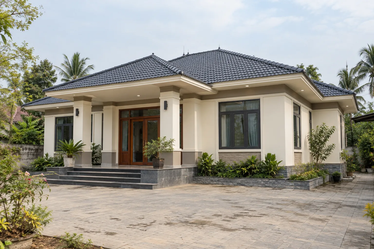 Nhà một tầng mái Nhật sơn ngoại thất trắng kem